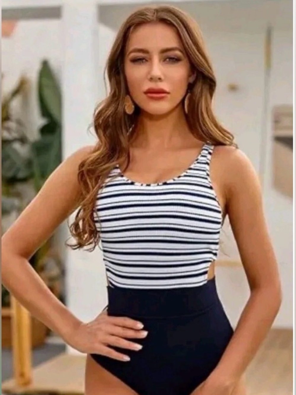 Boutique Navy Stripe One Piece Swimsuit Racerback Zip XL